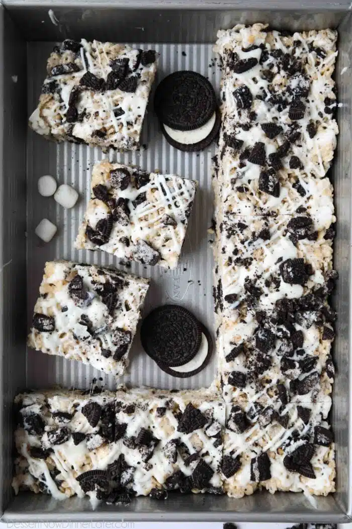 Pan of Oreo Rice Krispie Treats.