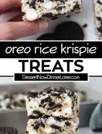 Pinterest collage of Oreo Rice Krispie Treats with two images and text in the center.