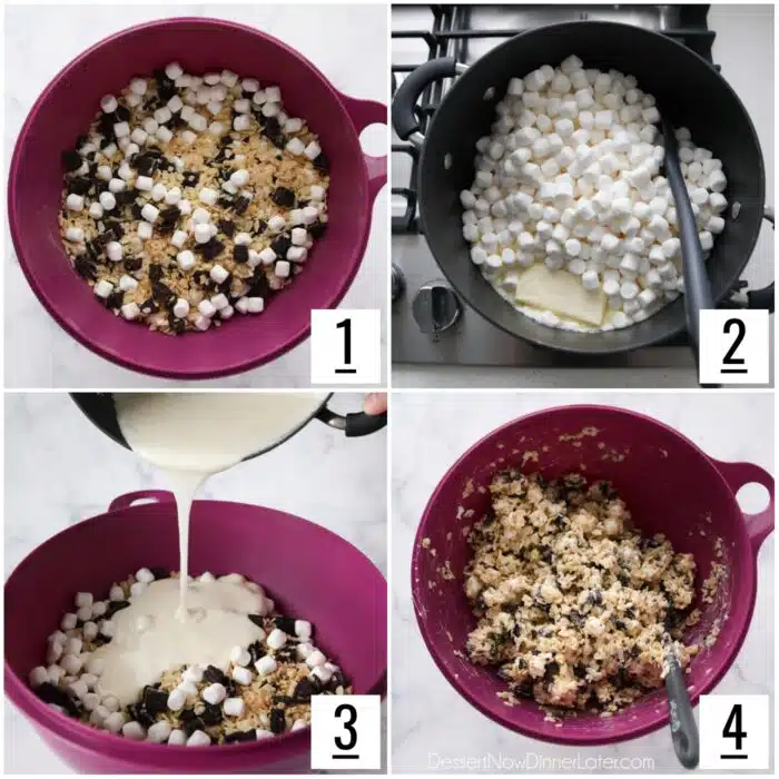 Steps to make Oreo Rice Krispie Treats.