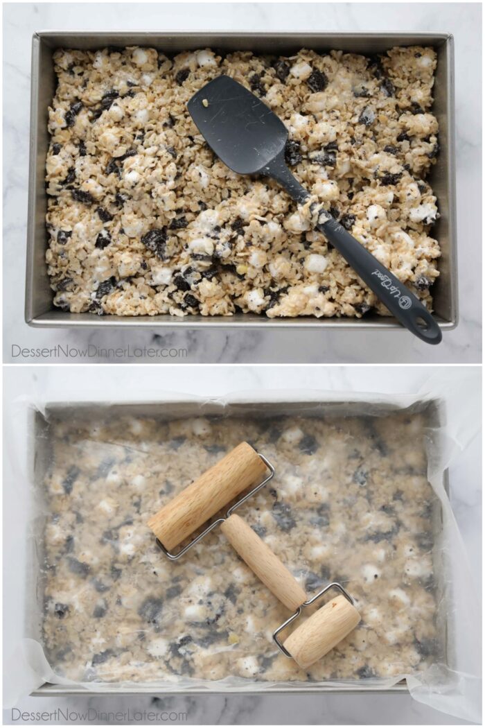 Spreading Oreo rice krispie treats in a pan and flattening the top.