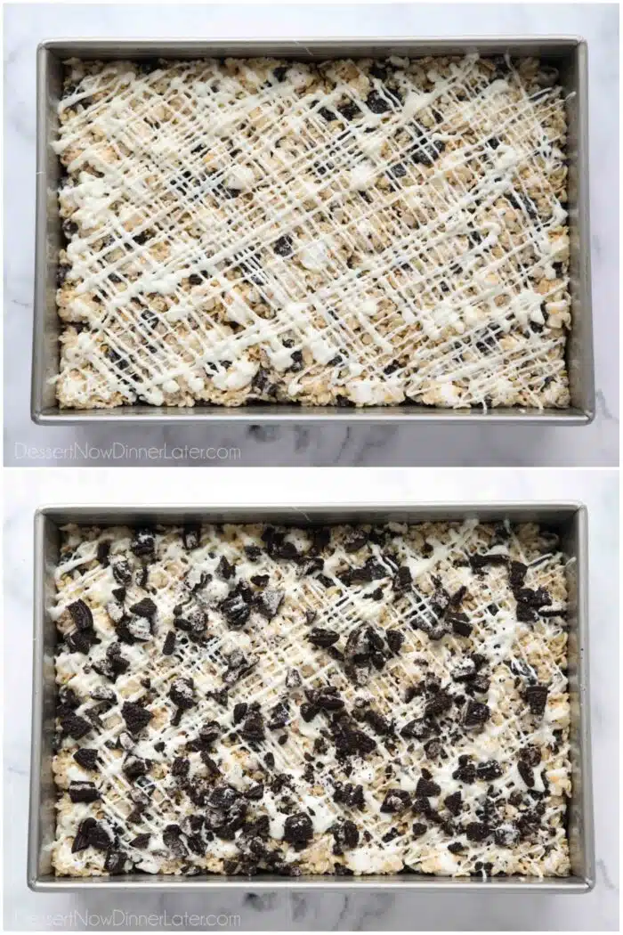 White chocolate drizzle and Oreo pieces layered on top of the rice krispie treats.