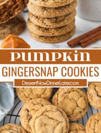 Pinterest collage of Pumpkin Gingersnap Cookies with two images and text in the center.