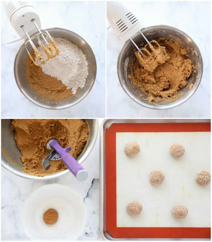 Mixing cookie dough. Scooping cookies and rolling in sugar.