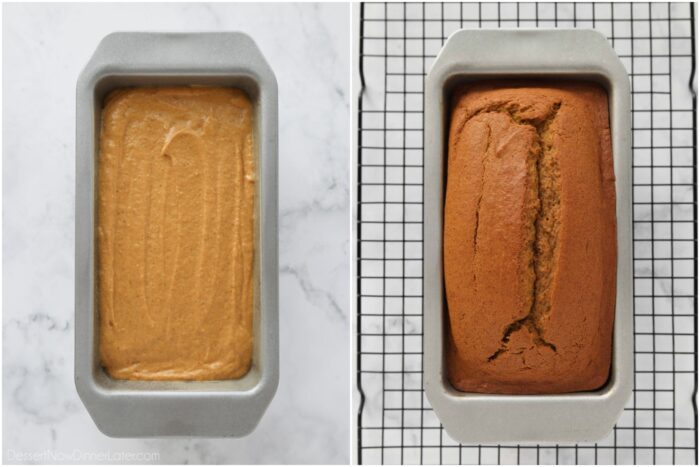 Before and after baking pumpkin bread in a pan.