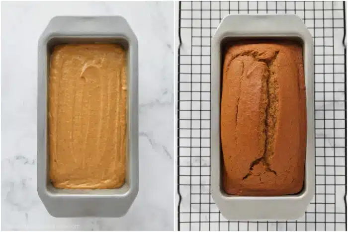 Before and after baking pumpkin bread in a pan.