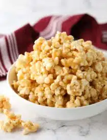 Bowl of soft caramel popcorn.