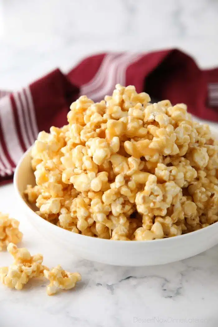 Bowl of soft caramel popcorn.