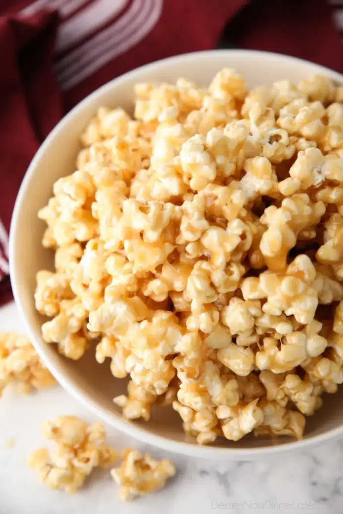 Bowl of soft and chewy caramel popcorn.