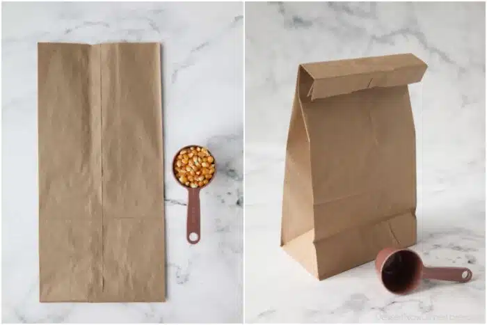 Paper sack with un-popped corn kernels.
