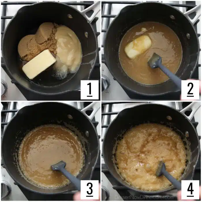 Soft caramel being made in a saucepan.