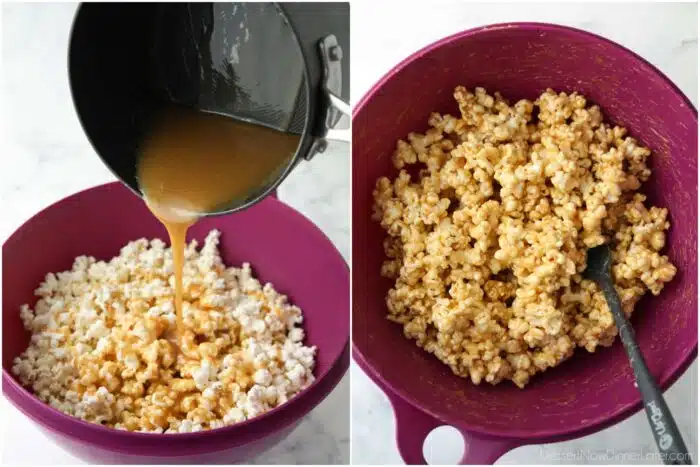 Soft caramel syrup being poured over popcorn, then stirred together.