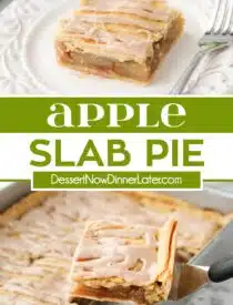 Collage image of Apple Slab Pie with two images and text in the center.