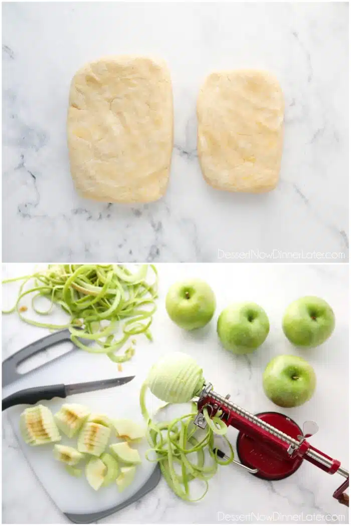 Two images. Two pieces of pie crust with one bigger than the other. Granny Smith apples being peeled, cored, and sliced.