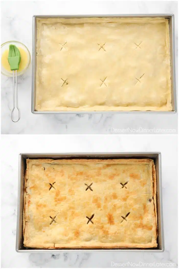 Two images. Before and after baking a slab pie with egg wash on the crust.