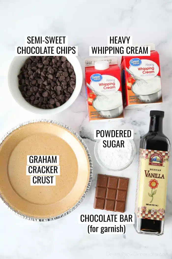 Labeled ingredients to make chocolate truffle pie.