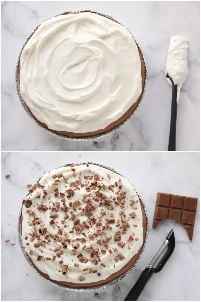 Topping the pie with whipped cream and chocolate shavings.