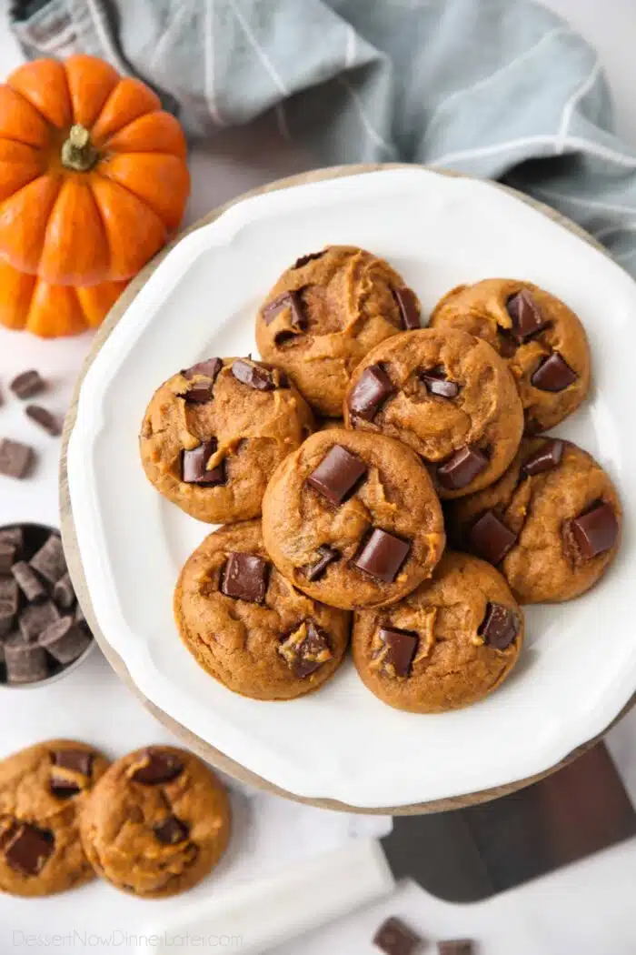 Plate of pumpkin chocolate chunk cookies.