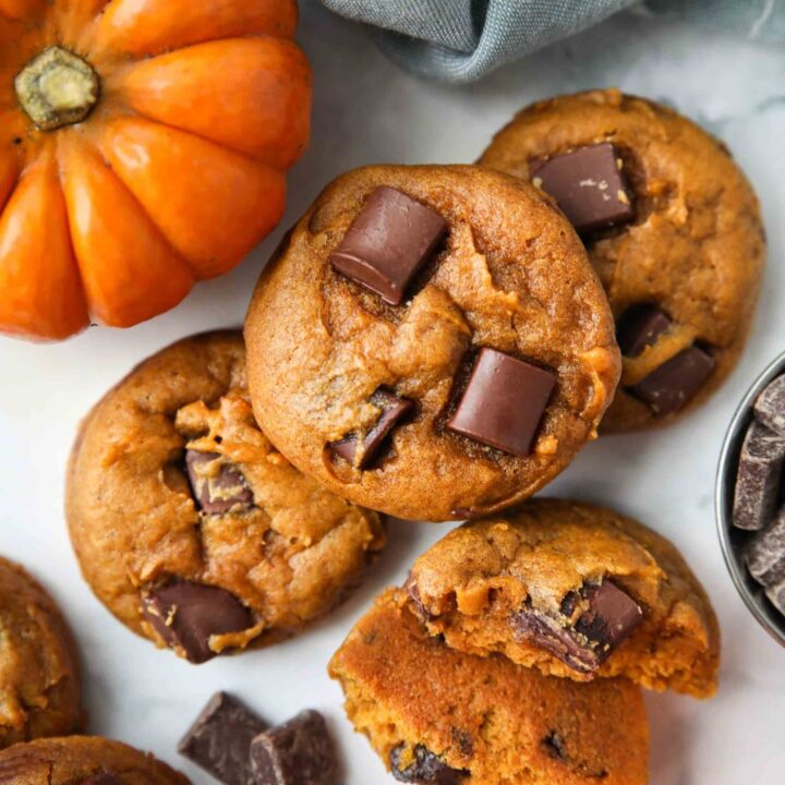 Pumpkin cookies with chocolate chunks.