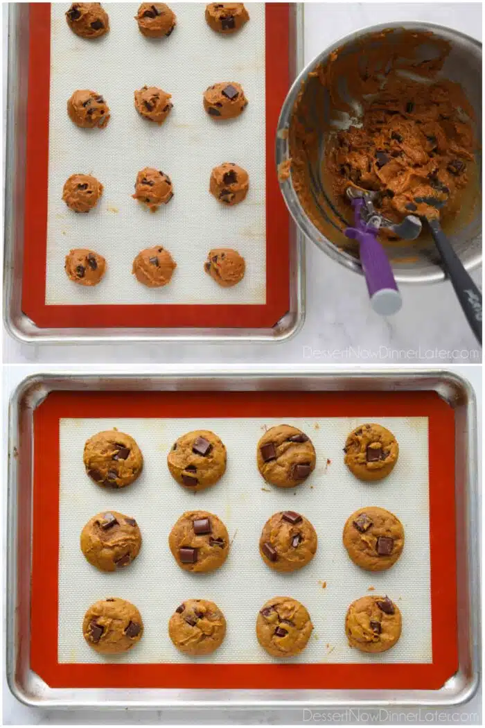 Scooping and baking pumpkin chocolate chunk cookies.