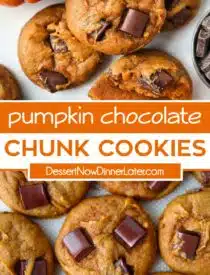 Pinterest collage of Pumpkin Chocolate Chunk Cookies with two images and text in the center.
