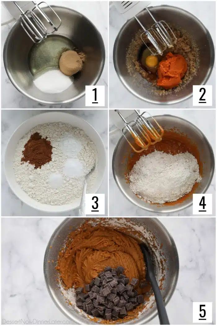 Steps to make pumpkin cookies with chocolate chunks.