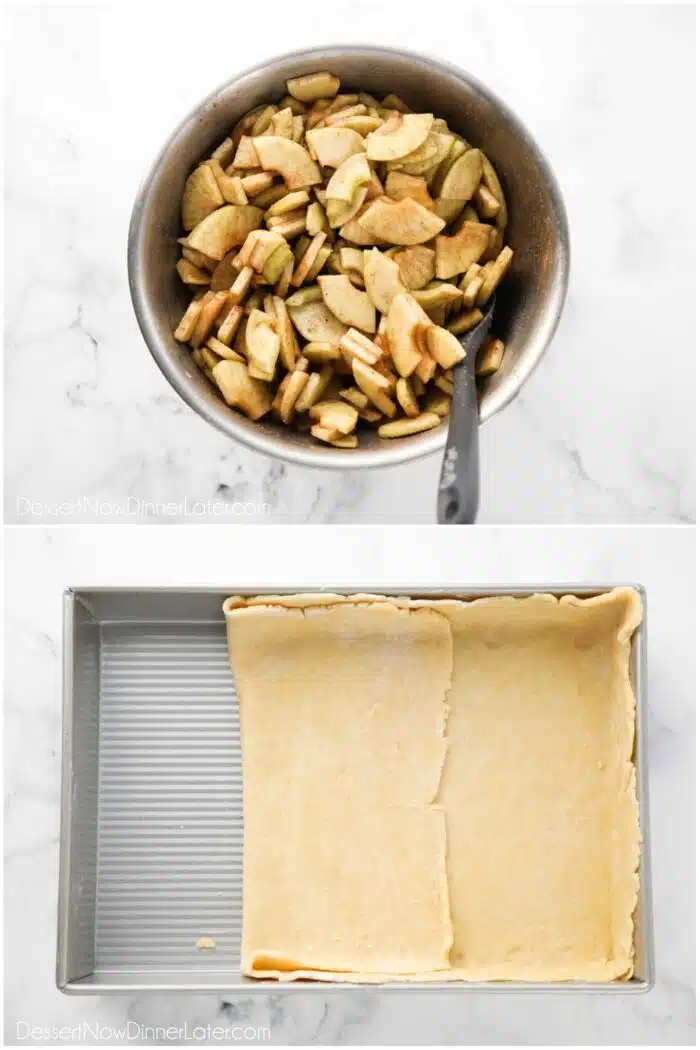 Two images. Placing pie crust in a 9x13-inch pan and homemade apple pie filling.