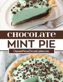 Pinterest collage of Chocolate Mint Pie with two images and text in the center.