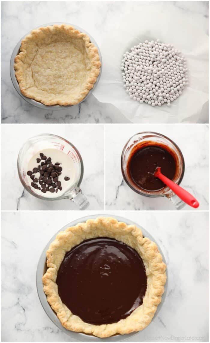 Multiple images. Blind baked pie crust. Steps to make chocolate ganache. Then pie crust filled with ganache.