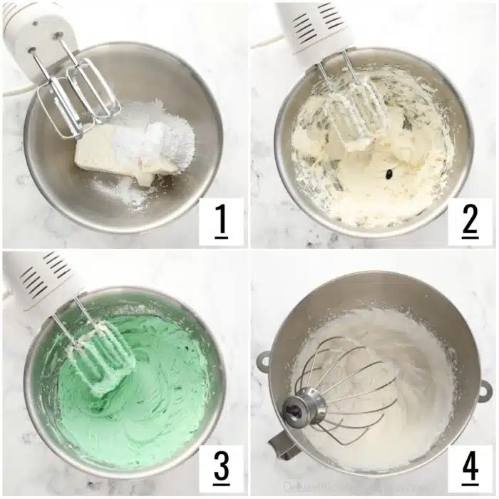 Steps to make mint no bake cheesecake filling.