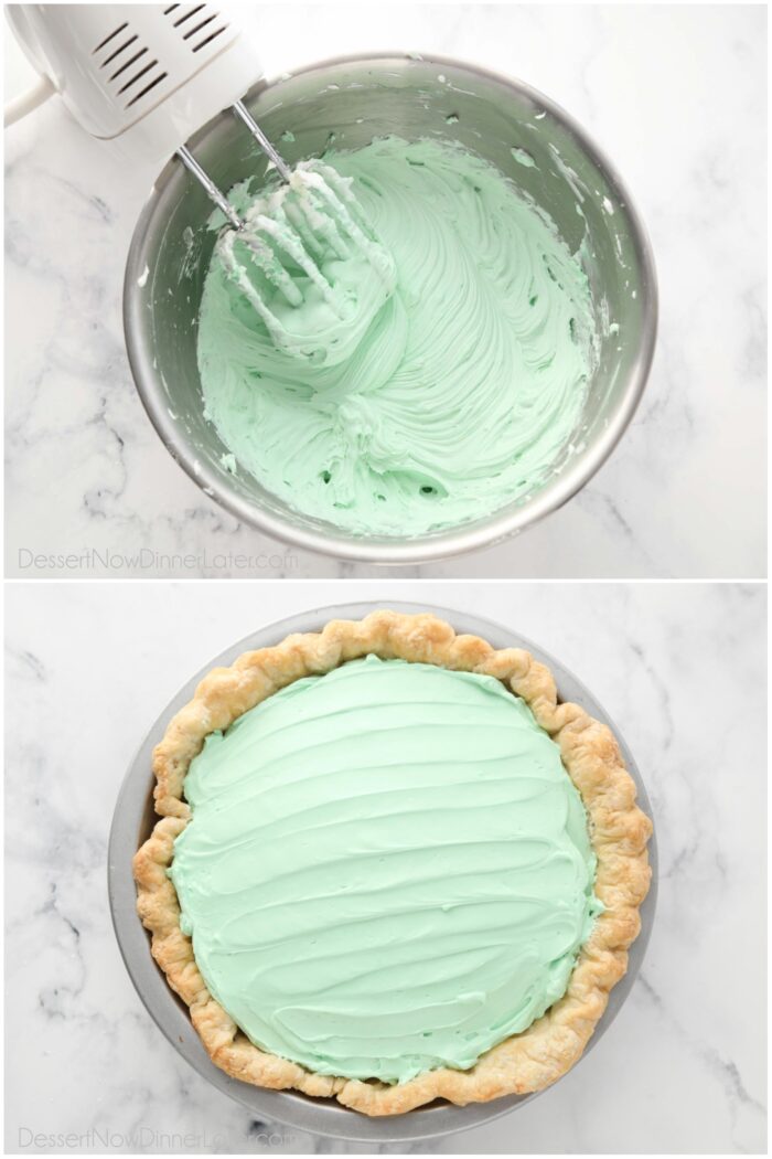 Mint no bake cheesecake being mixed in a bowl. Then spread into pie shell.