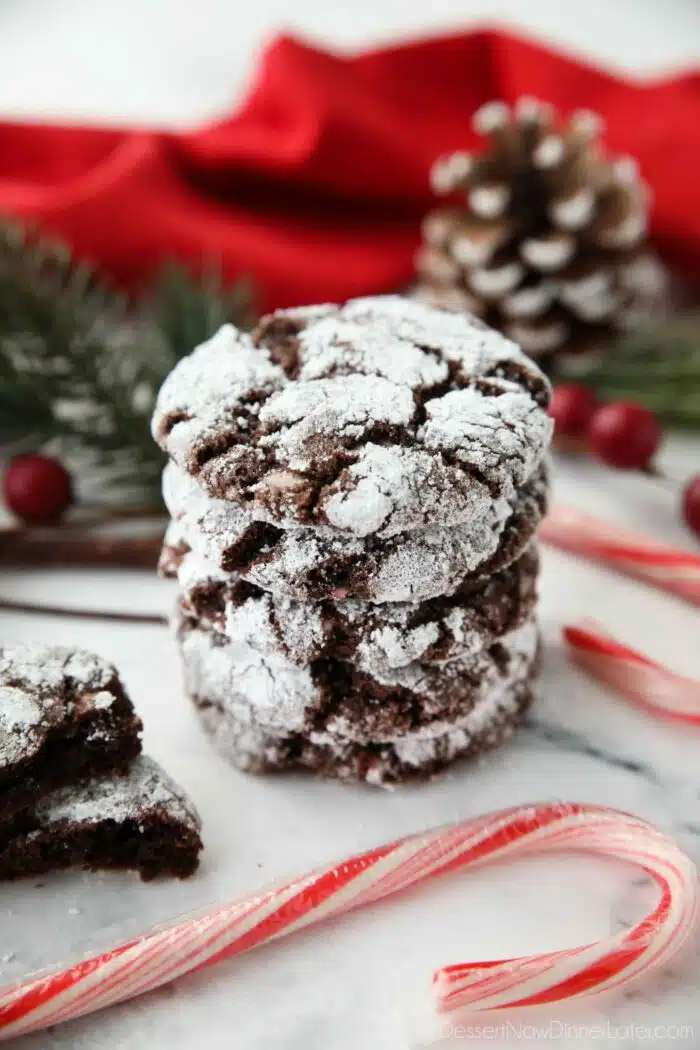 Stack of chocolate peppermint crinkle cookies made with cake mix.