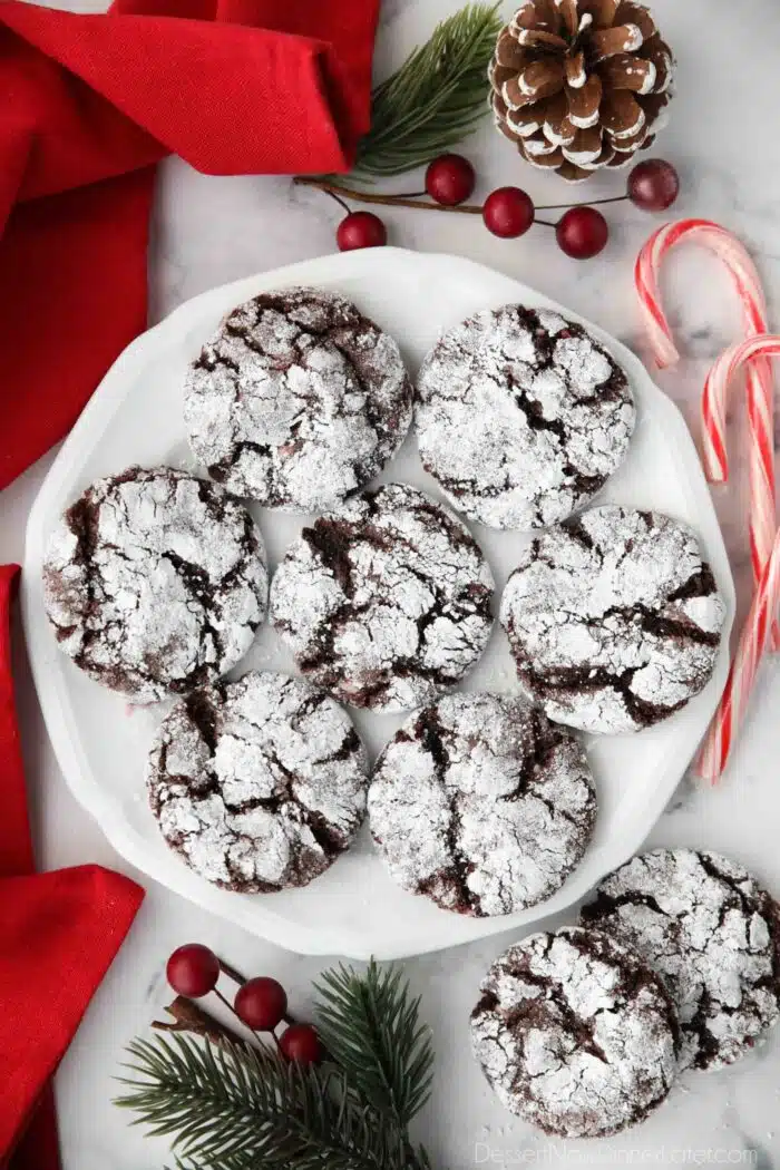 Plate of chocolate peppermint crinkle cookies made with cake mix.