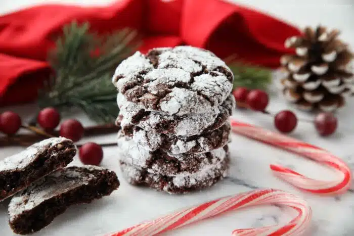 Stack of chocolate peppermint crinkle cookies made with cake mix.