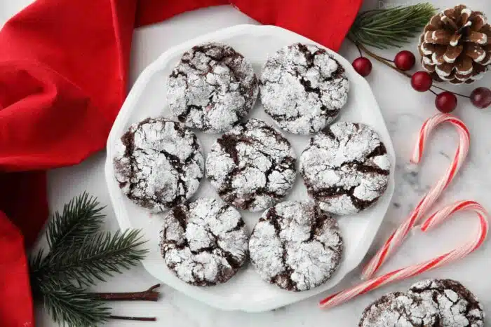 Plate of chocolate peppermint crinkle cookies made with cake mix.