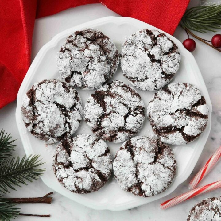 Plate of chocolate peppermint crinkle cookies made with cake mix.