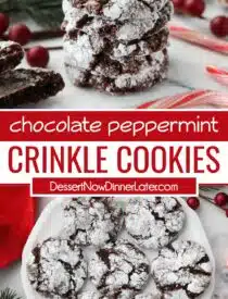 Pinterest collage of Chocolate Peppermint Crinkle Cookies with two images and text in the center.