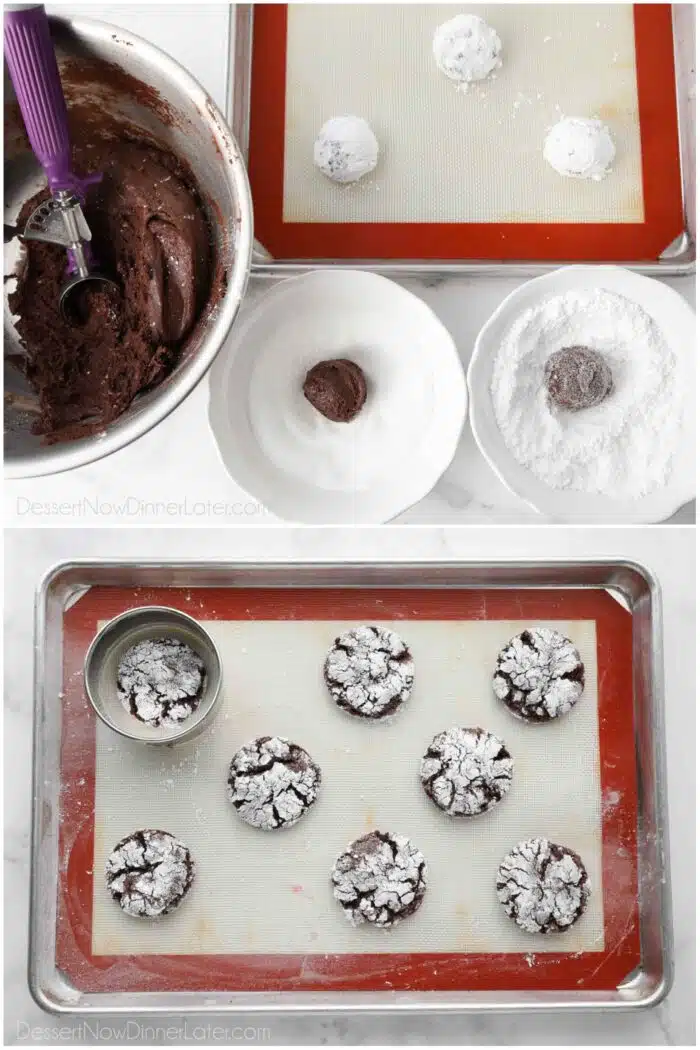 Scooping and coating the chocolate peppermint crinkle cookie dough.