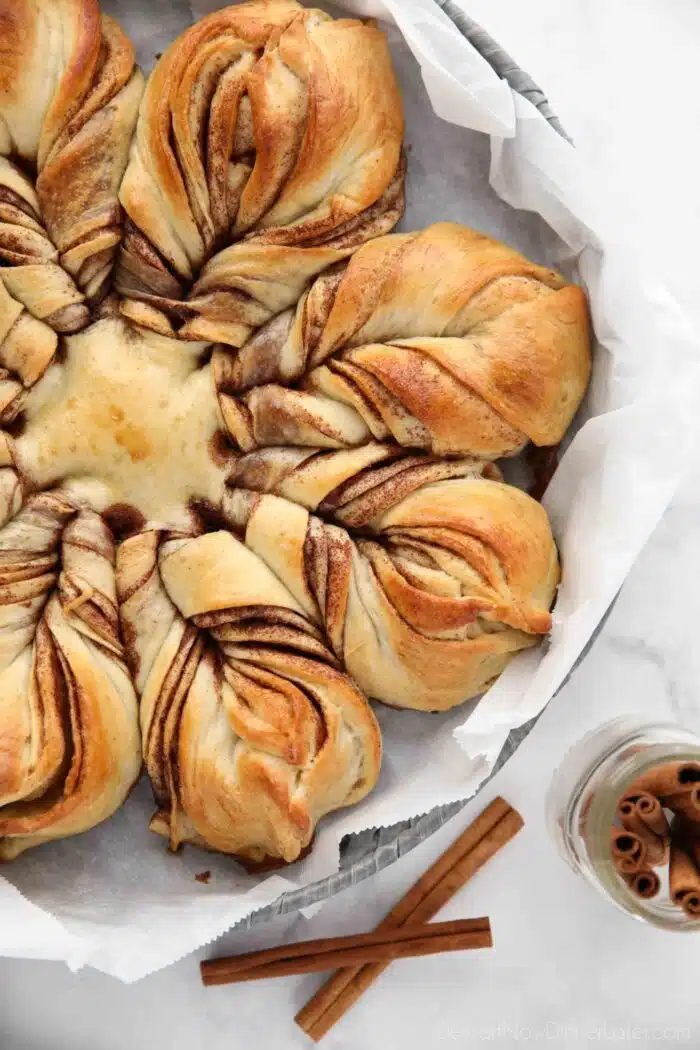 Close up of star bread with cinnamon layers.