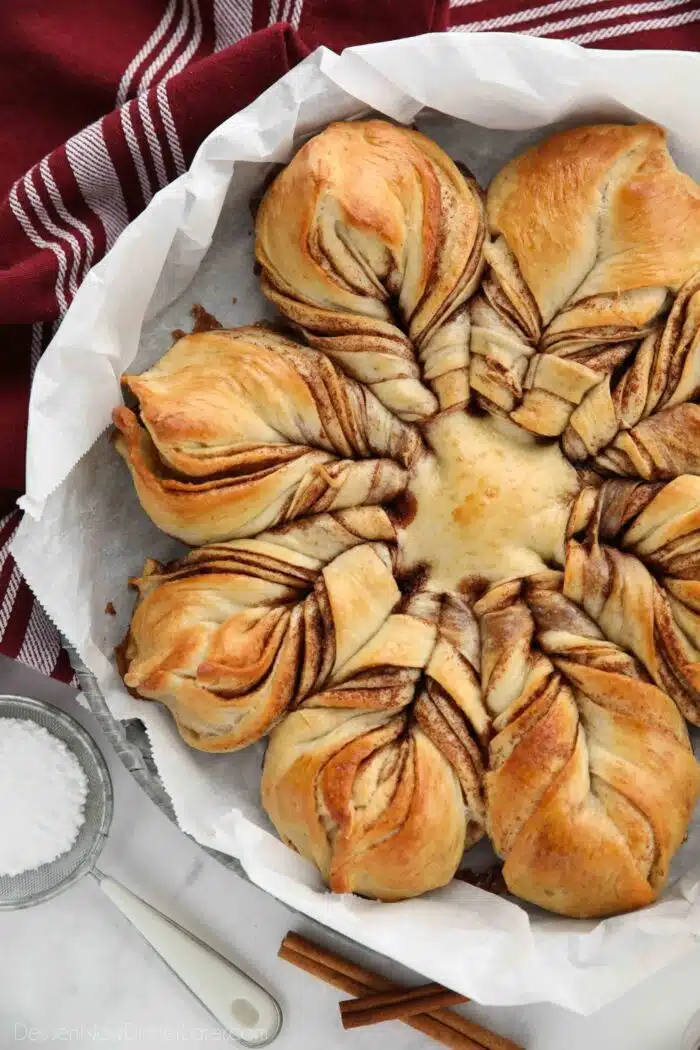 Close up of star bread made from Rhodes rolls with cinnamon layers.