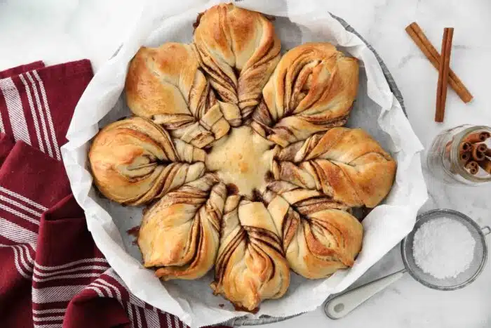 Cinnamon Star Bread made with Rhodes rolls in a basket.