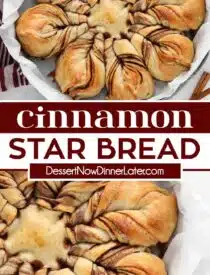 Pinterest collage of Cinnamon Star Bread with two images and text in the center.