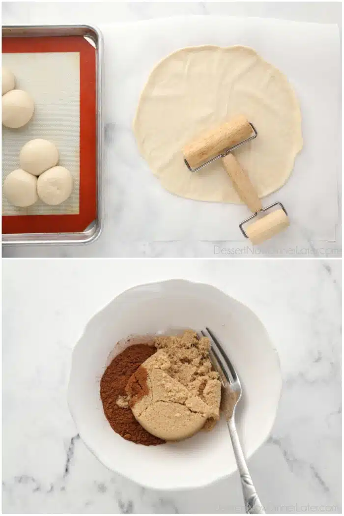 Two images. 1. Rolling Rhodes rolls together into one round circle on top of parchment paper. 2. Bowl full of brown sugar and cinnamon.