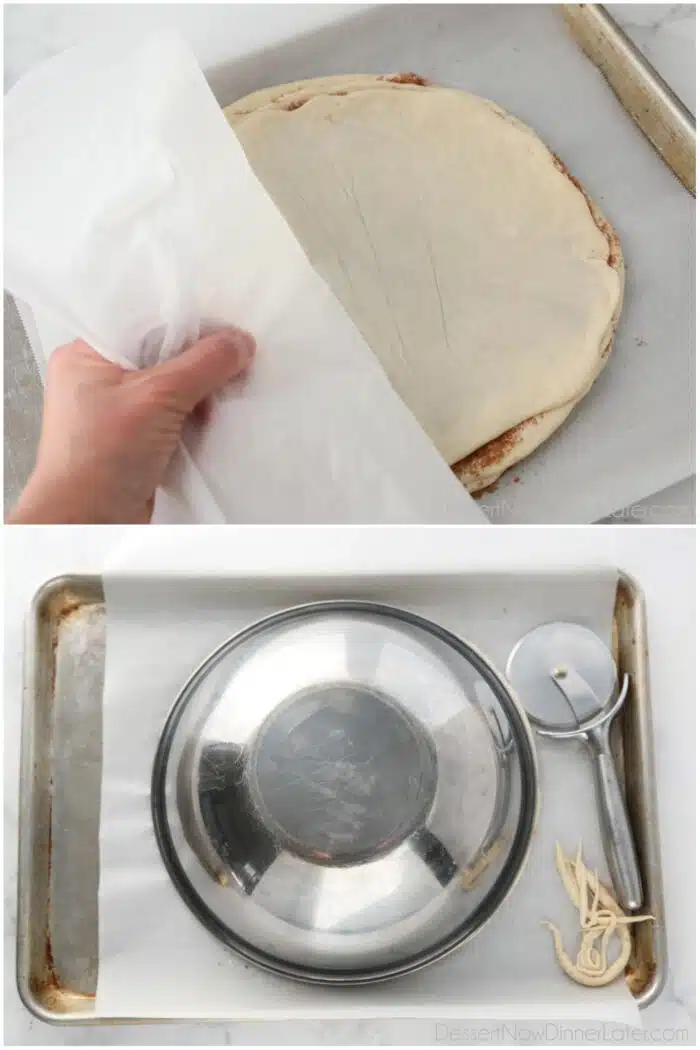 Two images. 1. Layering the dough with butter, cinnamon, and brown sugar. 2. Cutting off the excess dough using a bowl and pizza cutter.