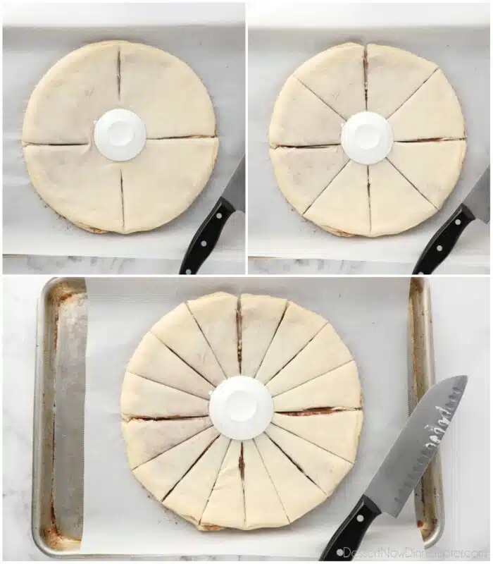 Process of cutting the dough into 16 strips with a circle in the center left uncut.