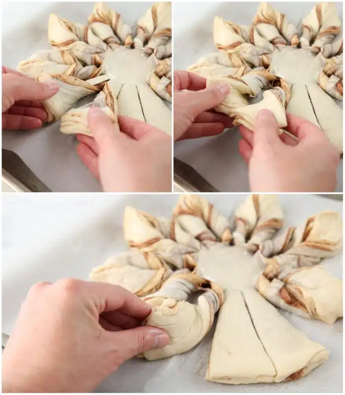 Process of twisting two strips of dough together to form points of the star bread.