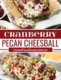 Pinterest collage of Cranberry Pecan Cheeseball with two images and text in the center.