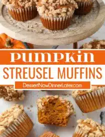 Pinterest collage of Pumpkin Streusel Muffins with two images and text in the center.