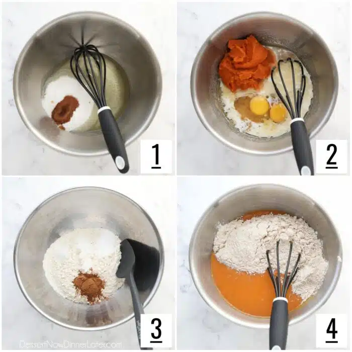 Steps to make pumpkin muffin batter.