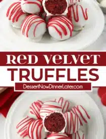 Pinterest collage of Red Velvet Truffles with two images and text in the center.