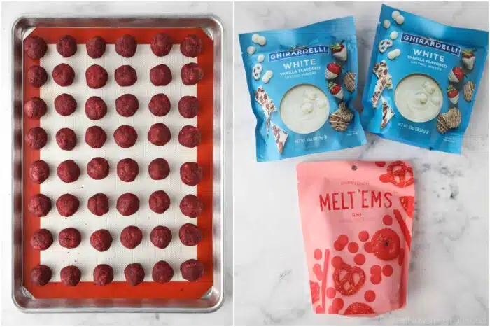 Shaped red velvet cake truffles with bags of white chocolate and red candy melts.